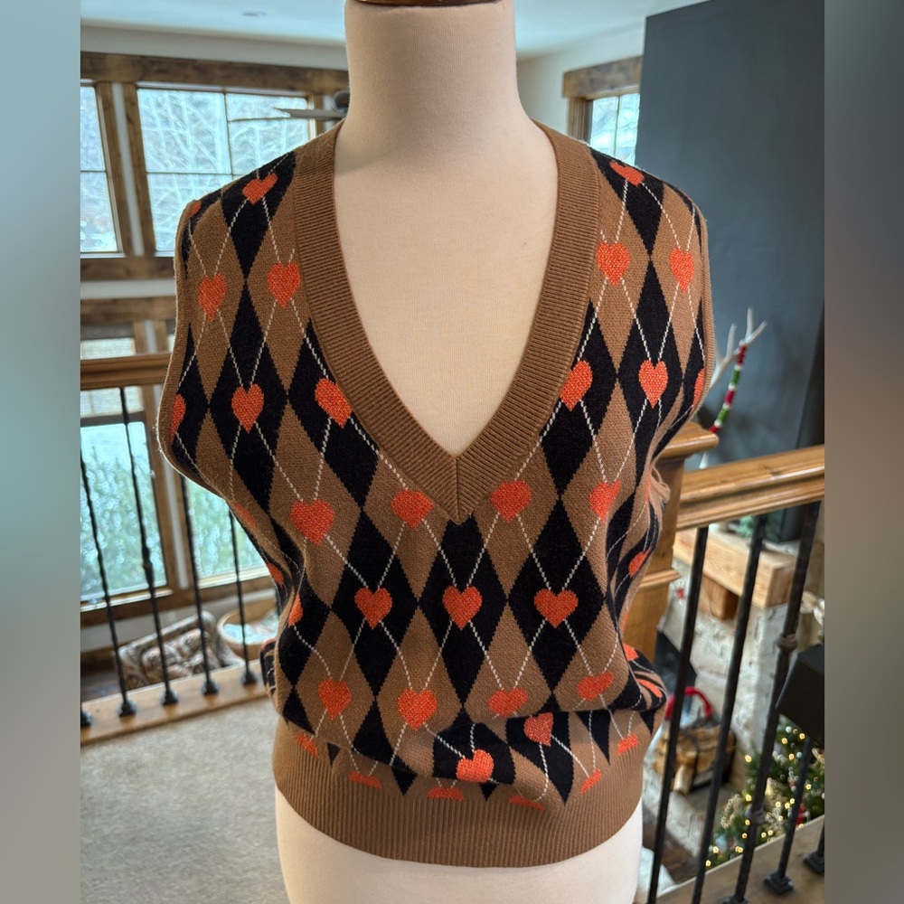 Maeve Brown & Black Argyle V-Neck Sweater Vest with Orange Hearts
